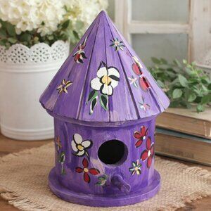 Hand-Painted Purple Wooden Birdhouse | Floral Folk Art | Signed Carol Gray 1998